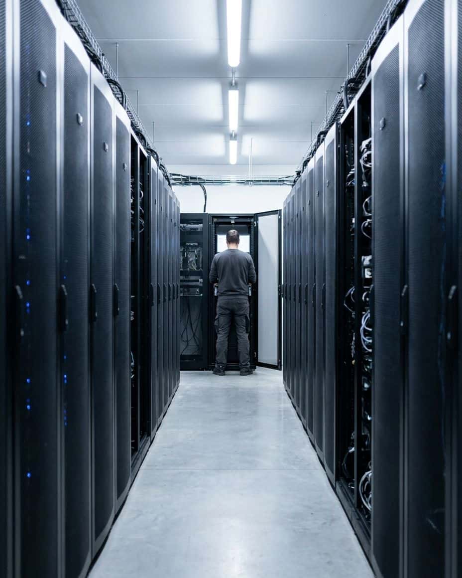 Technician working at an open server cabinet at the end of a data hall aisle