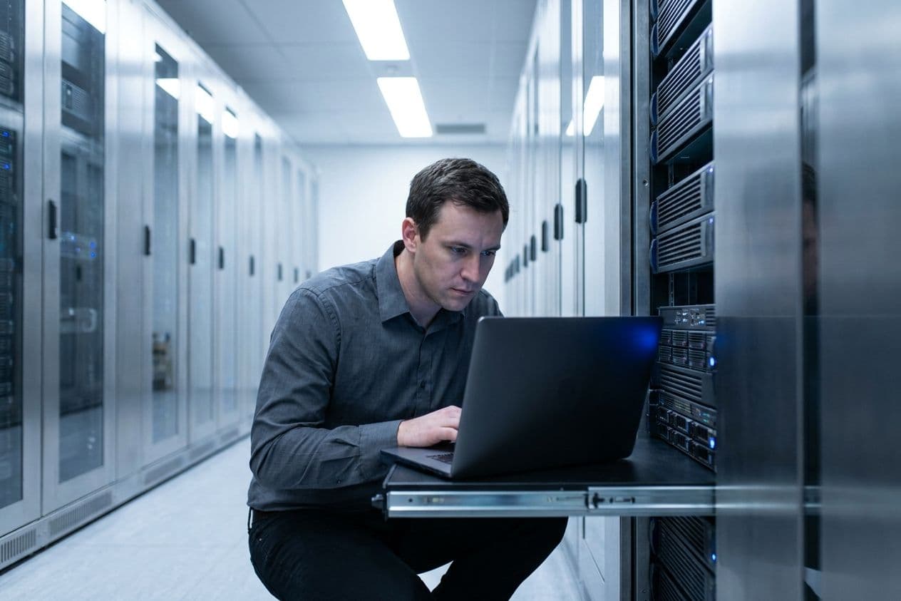 Engineer with a laptop working on a cabled server cabinet