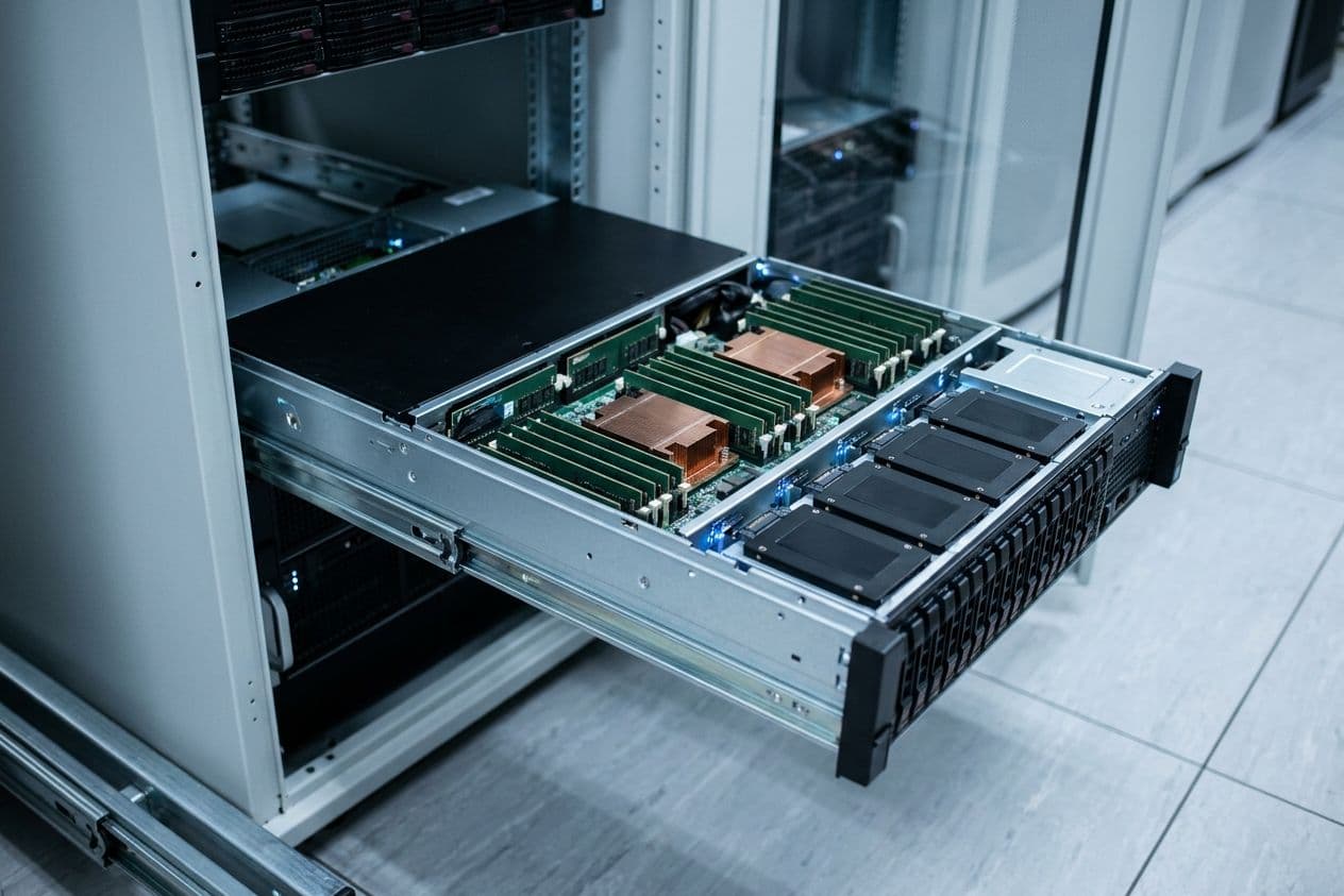 Close-up of an open rack server with NVMe drives and cooling fans