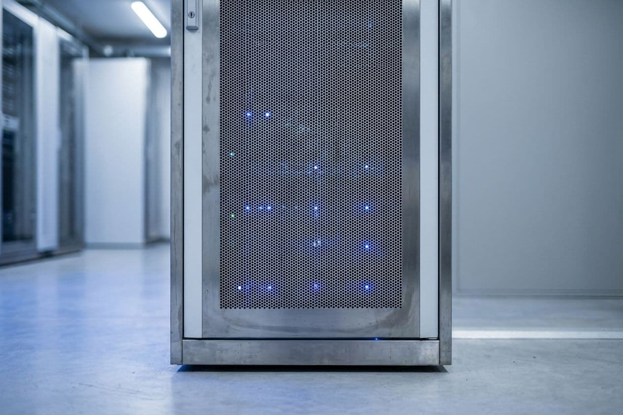 Front of a server cabinet with blue status lights glowing behind a perforated steel door