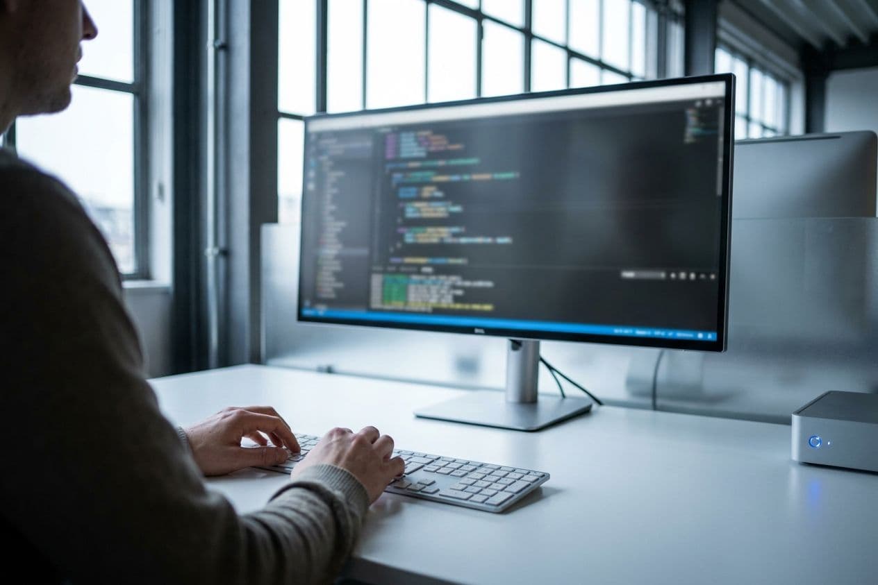 Developer working through a code review on a large desktop display